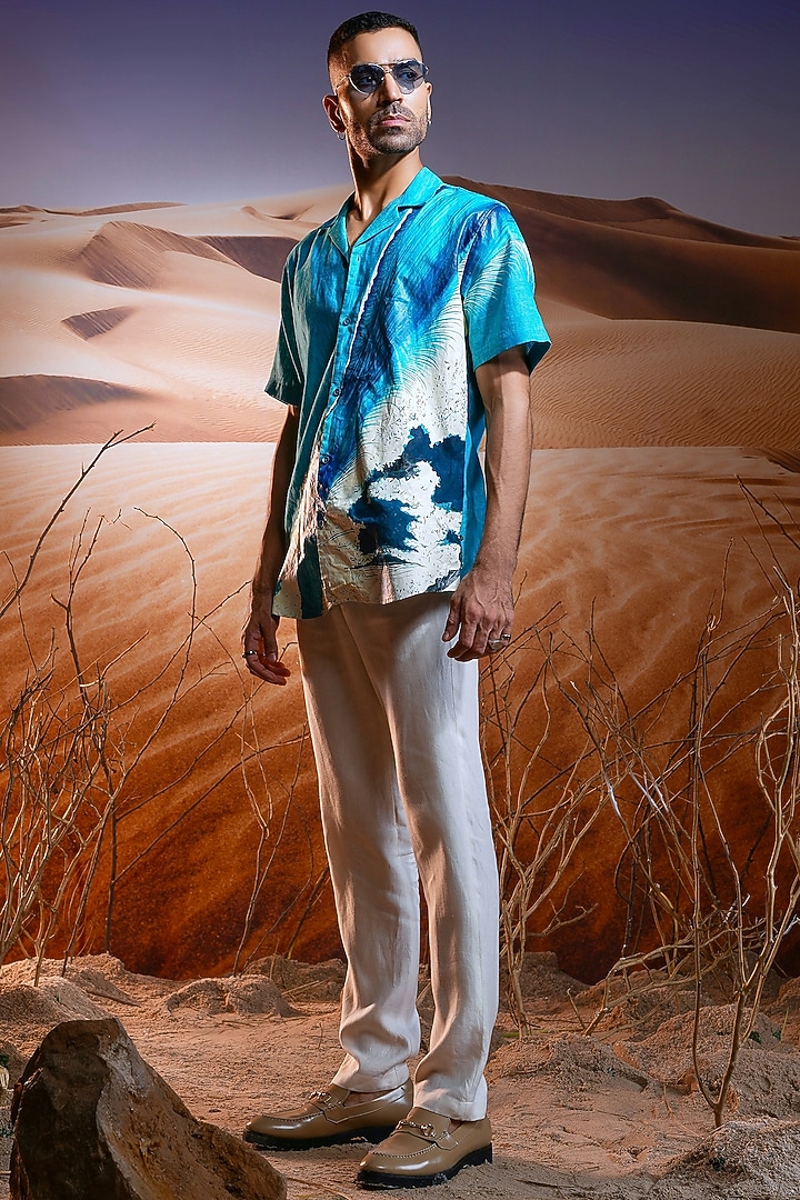 Aqua Linen Hand-Painted Party Wear Shirt by ASUKA at Pernia's Pop Up Shop
