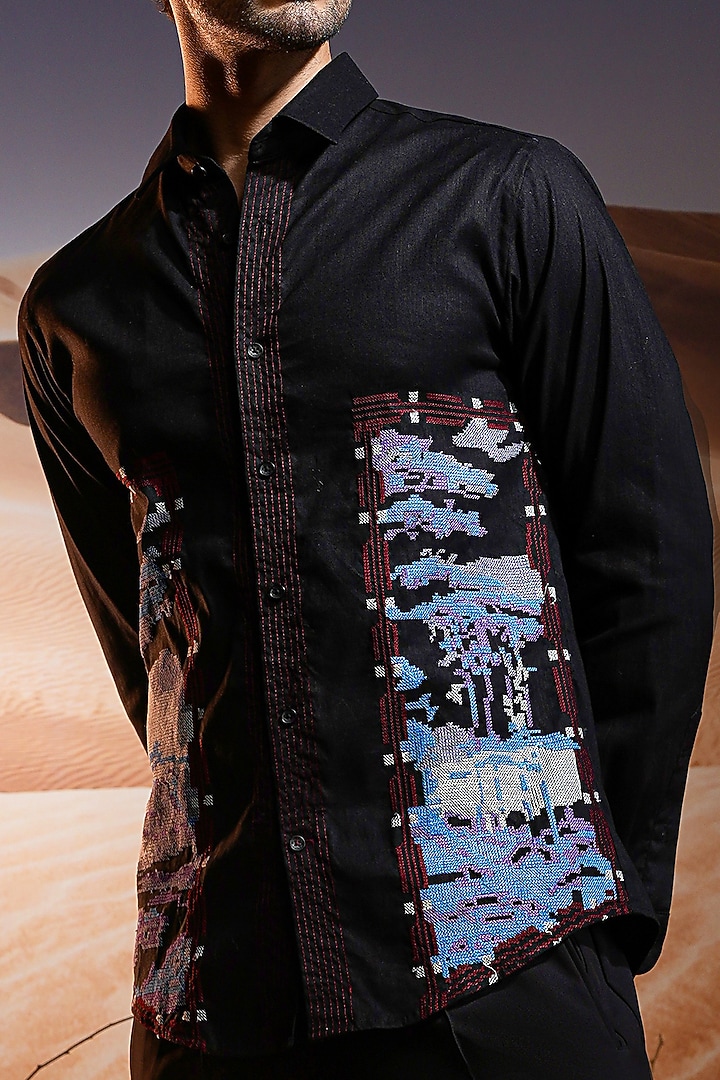 Obsidian Black Linen Embroidered Party Wear Shirt by ASUKA at Pernia's Pop Up Shop
