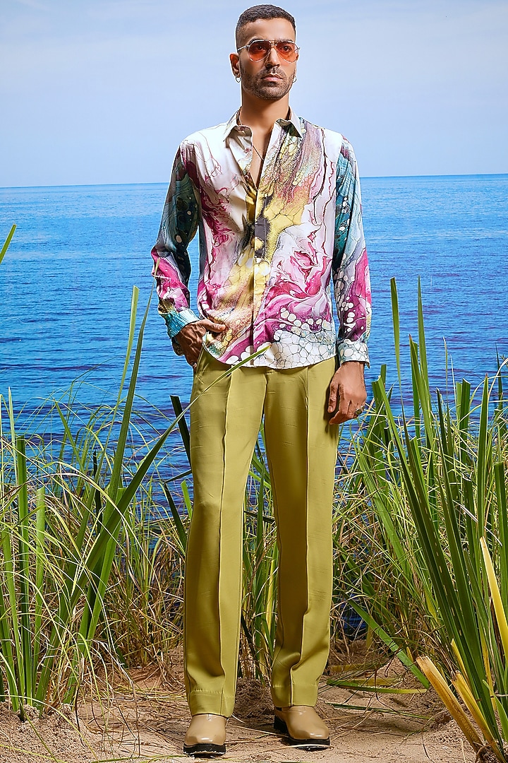 Crimson Habutai Silk Printed Party Wear Shirt by ASUKA at Pernia's Pop Up Shop