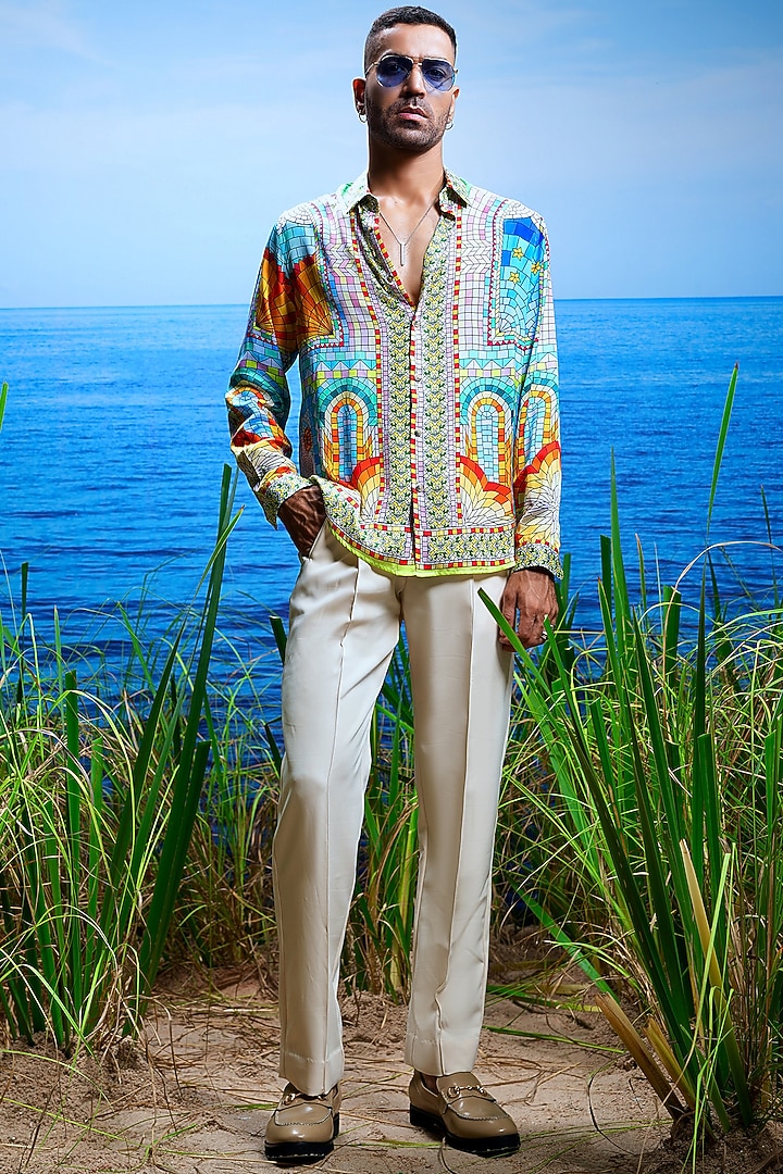 Crimson Habutai Silk Printed Party Wear Shirt by ASUKA at Pernia's Pop Up Shop