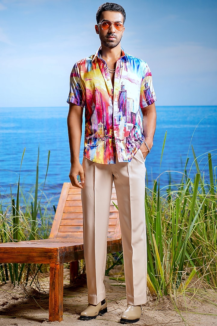 Aqua Inferna Habutai Silk Printed Party Wear Shirt by ASUKA at Pernia's Pop Up Shop