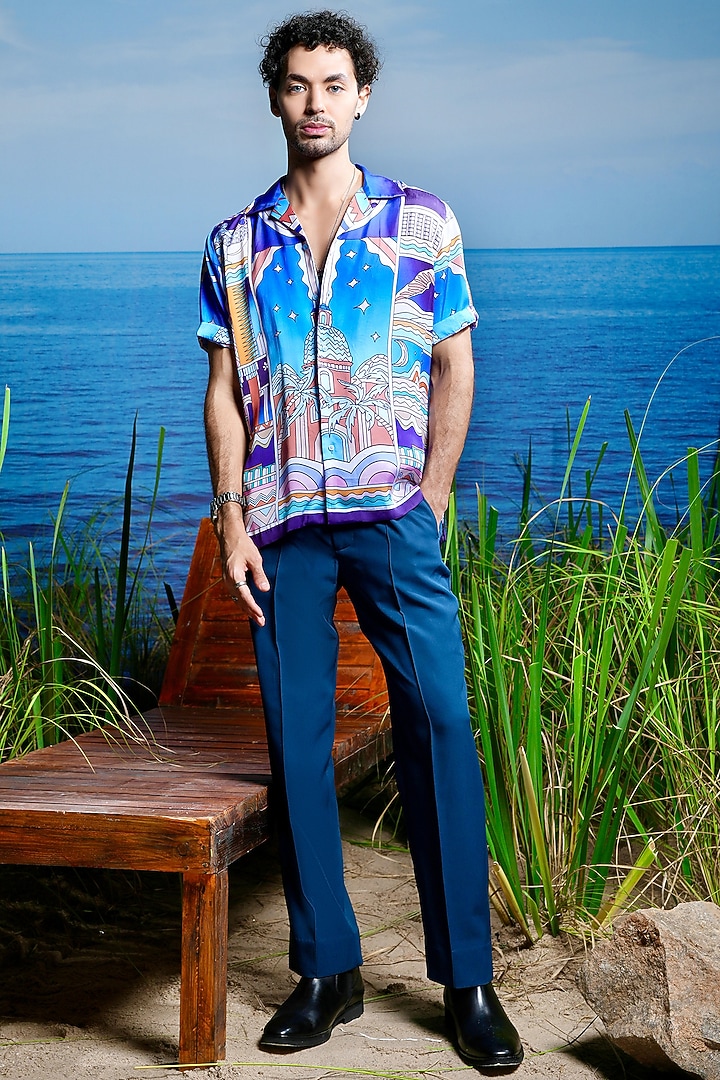 Aqua Inferna Habutai Silk Printed Party Wear Shirt by ASUKA at Pernia's Pop Up Shop
