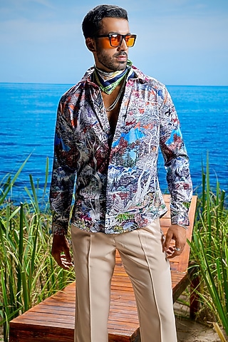 Multi-Colored Habutai Silk Printed Shirt by ASUKA