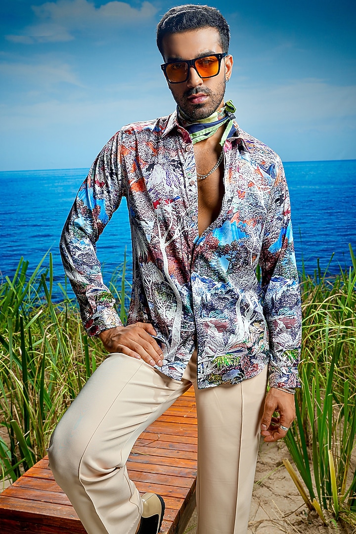 Multi-Colored Habutai Silk Printed Party Wear Shirt by ASUKA at Pernia's Pop Up Shop