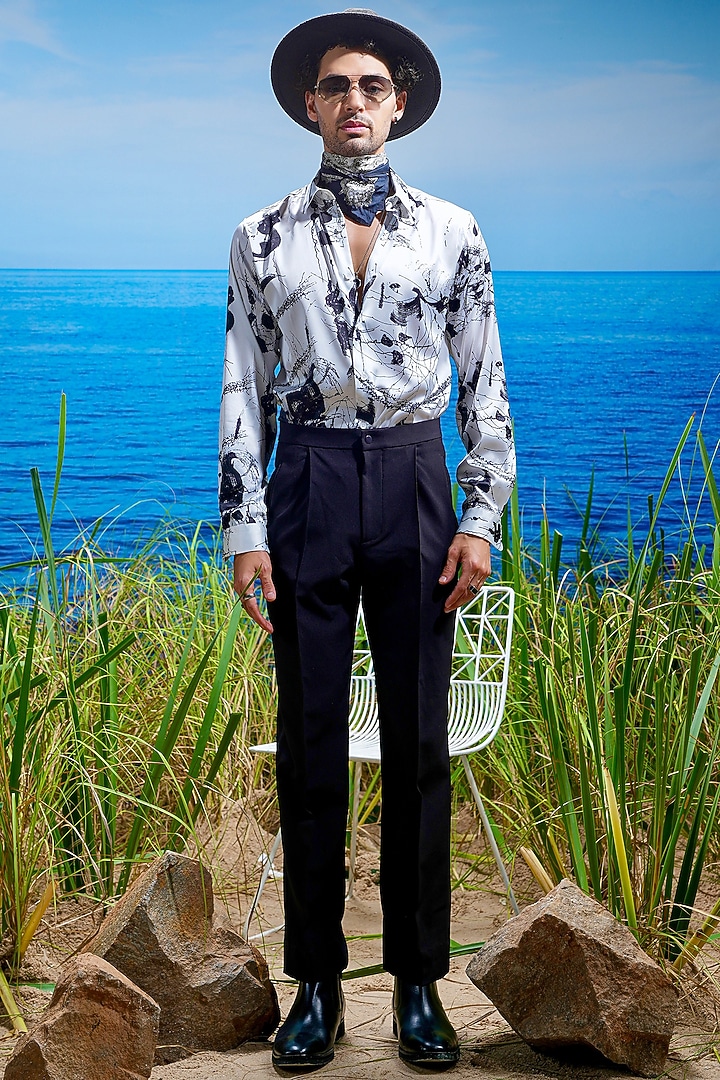 Black Habutai Silk Printed Party Wear Shirt by ASUKA at Pernia's Pop Up Shop