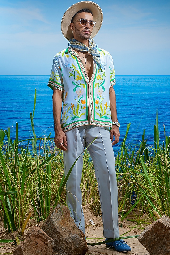Green Habutai Silk Printed Party Wear Shirt by ASUKA at Pernia's Pop Up Shop