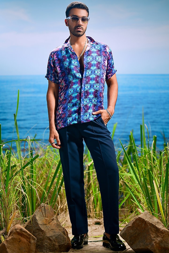 Sapphire Habutai Silk Printed Party Wear Shirt by ASUKA at Pernia's Pop Up Shop