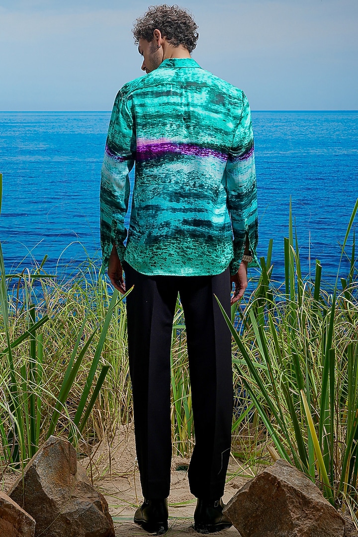 Green Habutai Silk Printed Party Wear Shirt by ASUKA at Pernia's Pop Up Shop