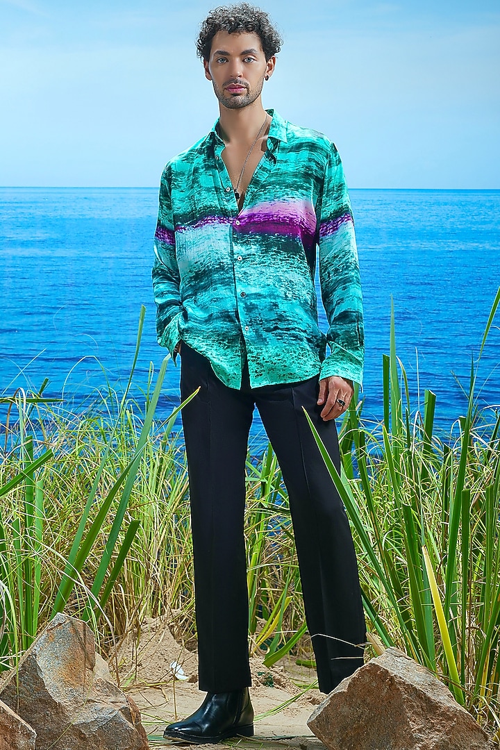 Green Habutai Silk Printed Party Wear Shirt by ASUKA at Pernia's Pop Up Shop