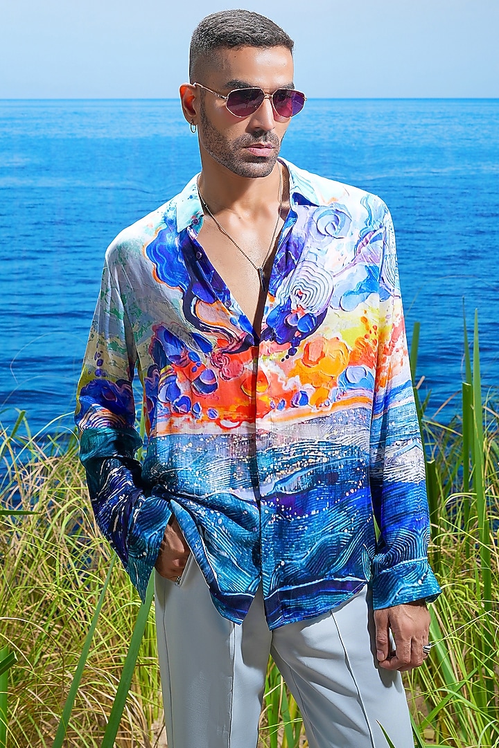 Blue Habutai Silk Printed Party Wear Shirt by ASUKA at Pernia's Pop Up Shop