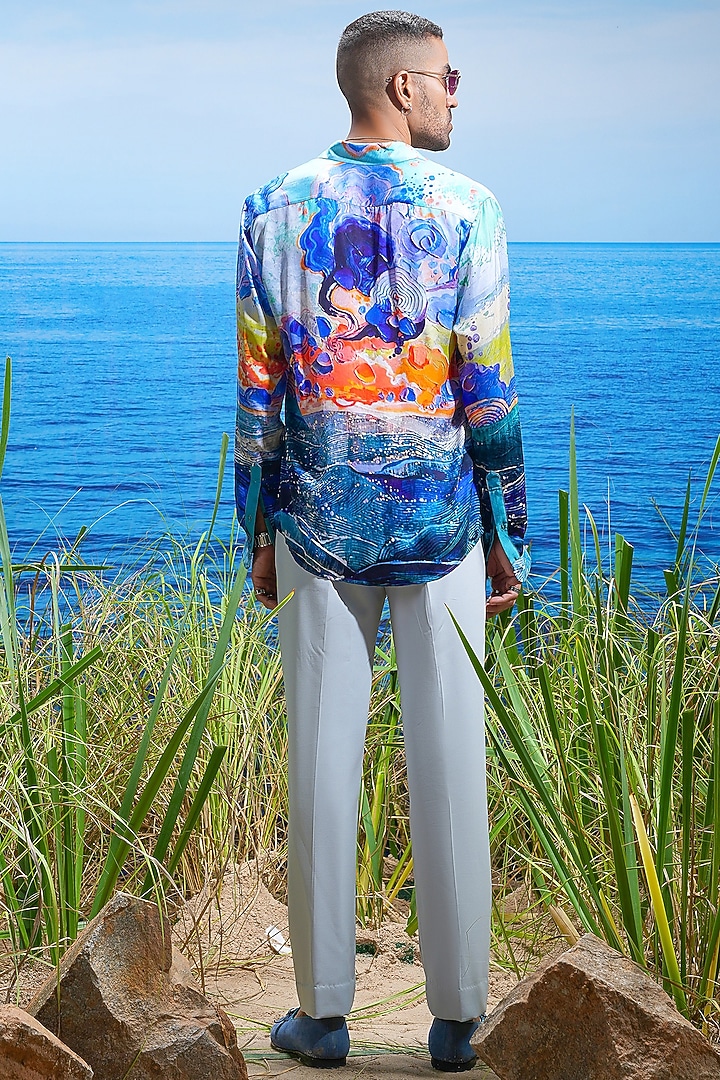 Blue Habutai Silk Printed Party Wear Shirt by ASUKA at Pernia's Pop Up Shop