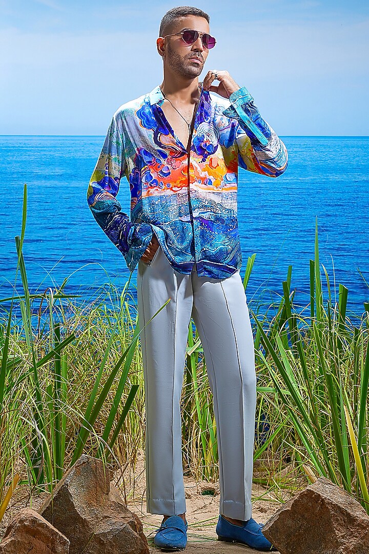 Blue Habutai Silk Printed Party Wear Shirt by ASUKA at Pernia's Pop Up Shop