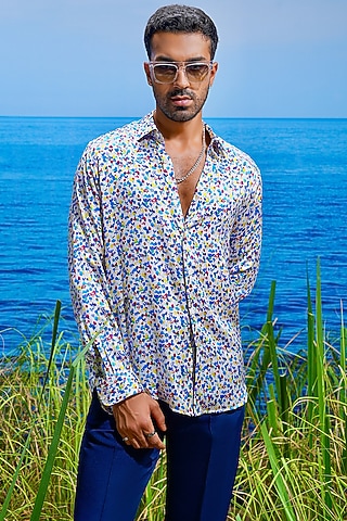 White Habutai Silk Printed Shirt by ASUKA