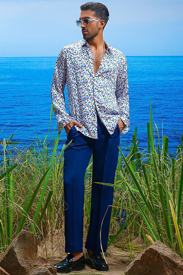 White Habutai Silk Printed Party Wear Shirt by ASUKA at Pernia's Pop Up Shop
