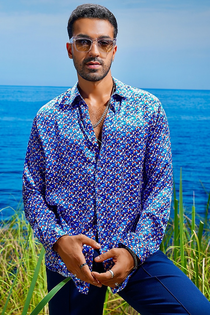 Blue Habutai Silk Printed Party Wear Shirt by ASUKA at Pernia's Pop Up Shop