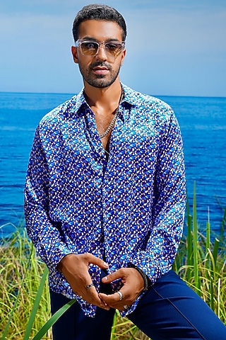 Blue Habutai Silk Printed Shirt by ASUKA