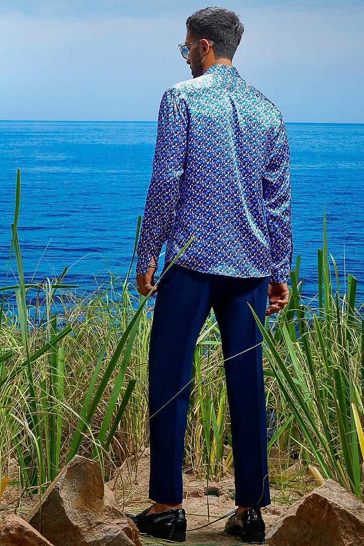 Blue Habutai Silk Printed Party Wear Shirt by ASUKA at Pernia's Pop Up Shop