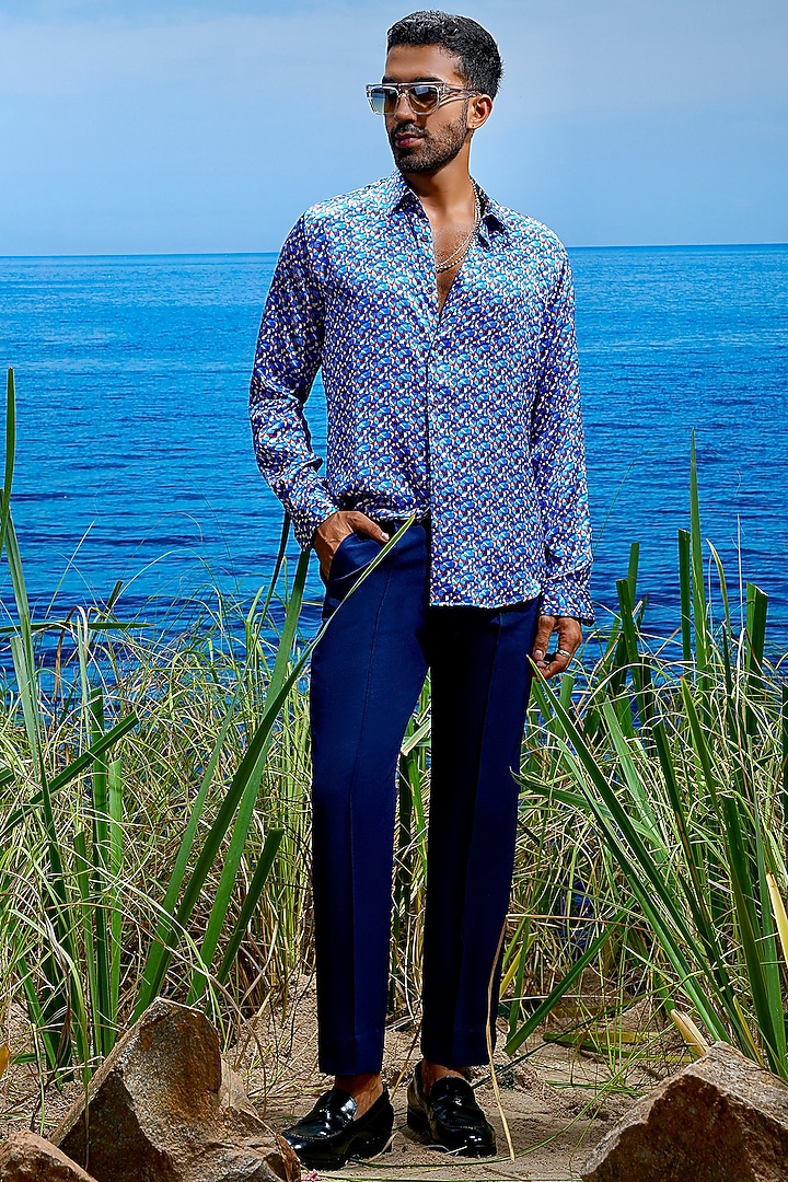 Blue Habutai Silk Printed Party Wear Shirt by ASUKA at Pernia's Pop Up Shop