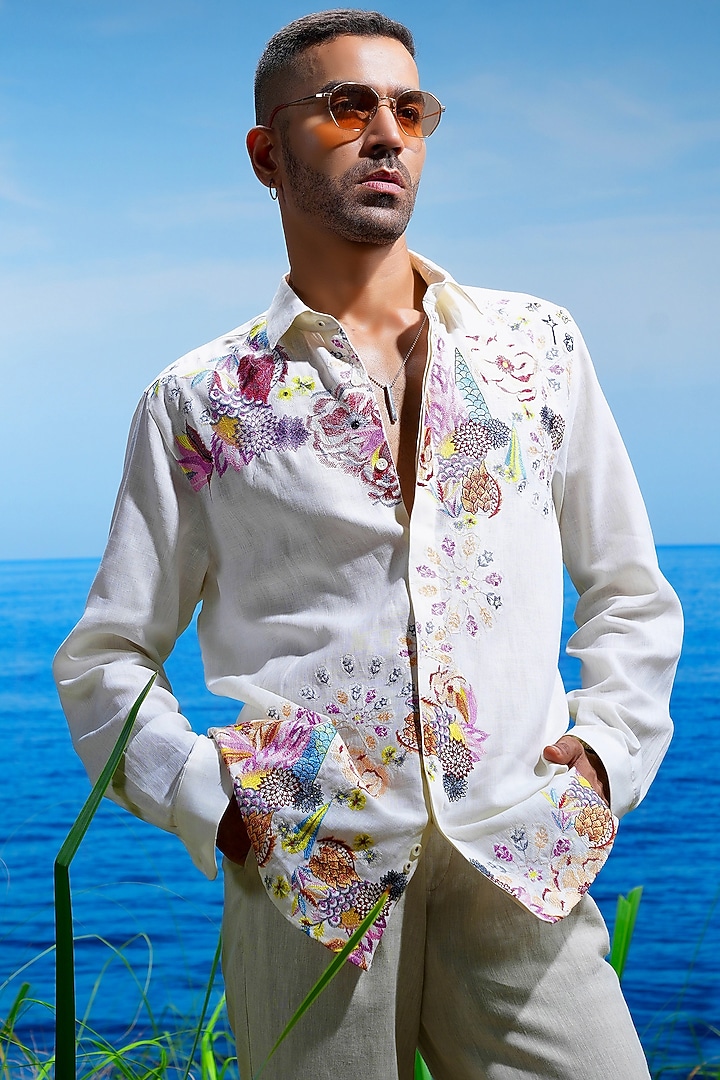 Off-White Linen Embroidered Party Wear Shirt by ASUKA at Pernia's Pop Up Shop