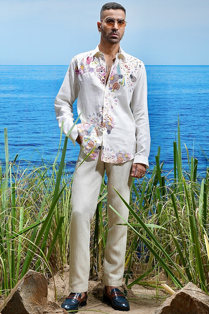 Off-White Linen Embroidered Party Wear Shirt by ASUKA at Pernia's Pop Up Shop