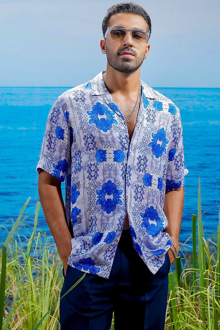 Indigo & Cobalt Habutai Silk Party Wear Shirt by ASUKA at Pernia's Pop Up Shop