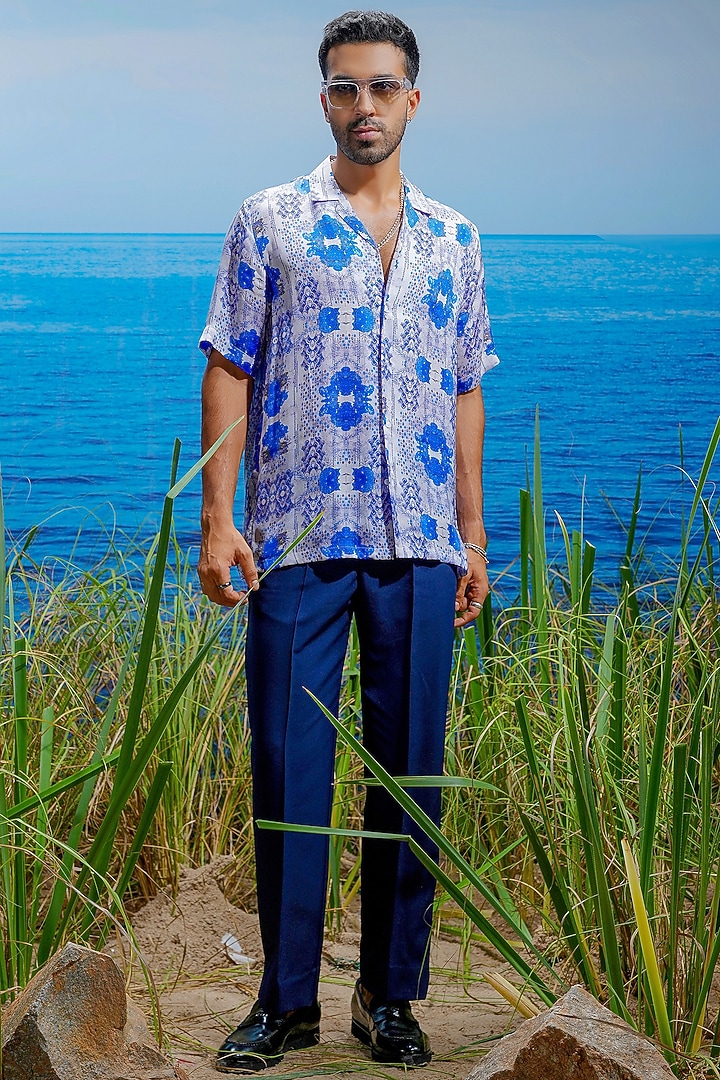 Indigo & Cobalt Habutai Silk Party Wear Shirt by ASUKA at Pernia's Pop Up Shop