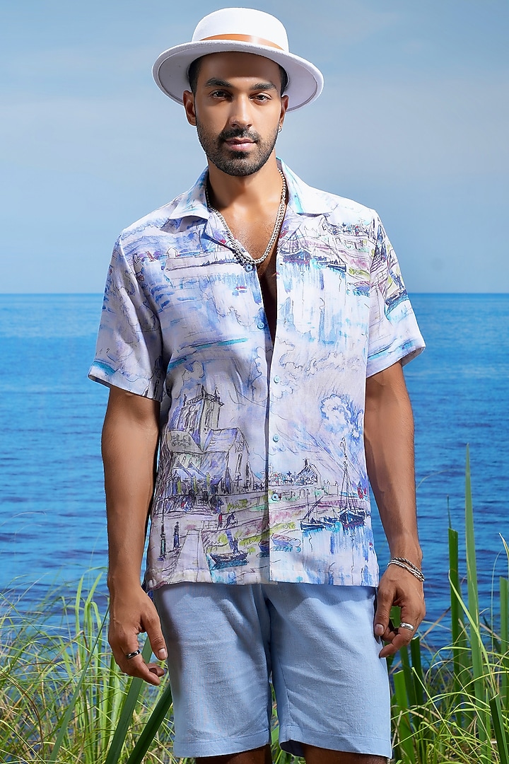 White Linen Printed Party Wear Shirt by ASUKA at Pernia's Pop Up Shop