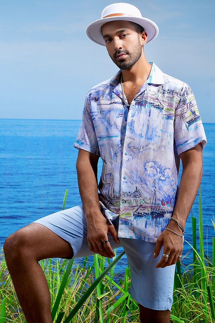 White Linen Printed Party Wear Shirt by ASUKA at Pernia's Pop Up Shop