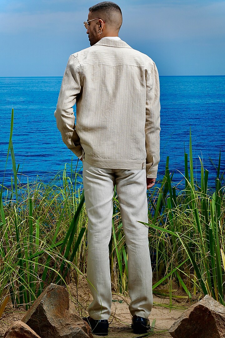 Sandy Beige Linen Trucker Jacket by ASUKA at Pernia's Pop Up Shop