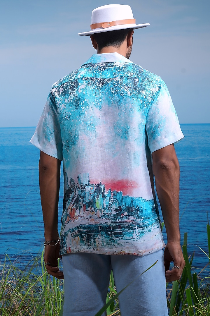 Blue Linen Abstract Printed Party Wear Shirt by ASUKA at Pernia's Pop Up Shop