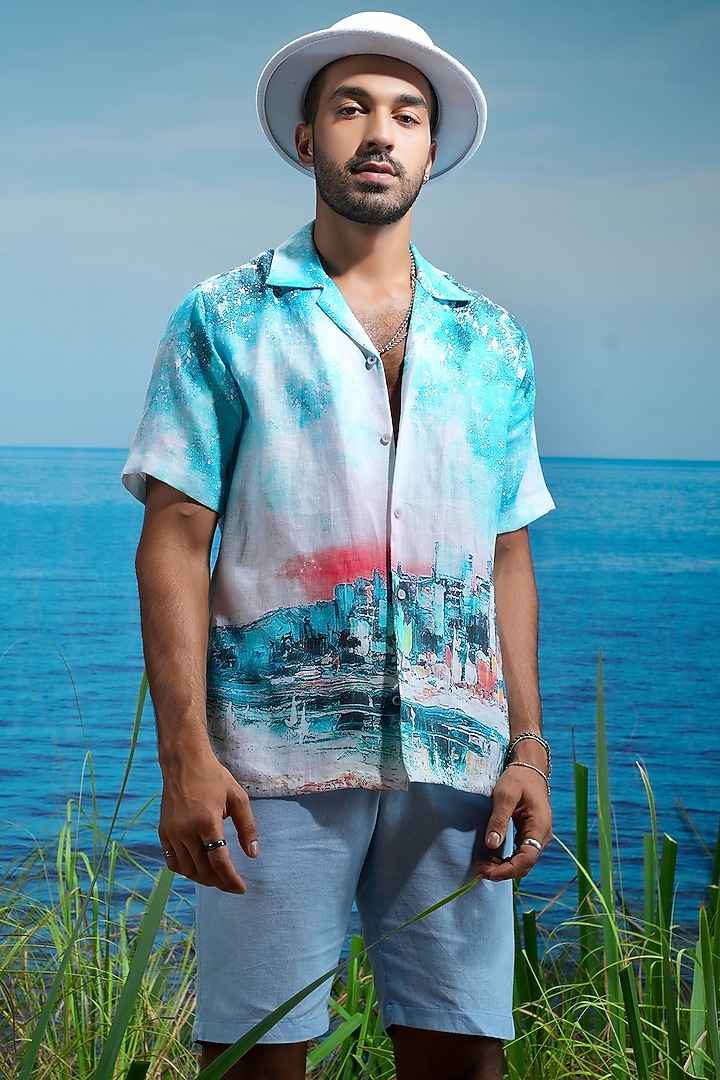 Blue Linen Abstract Printed Party Wear Shirt by ASUKA at Pernia's Pop Up Shop