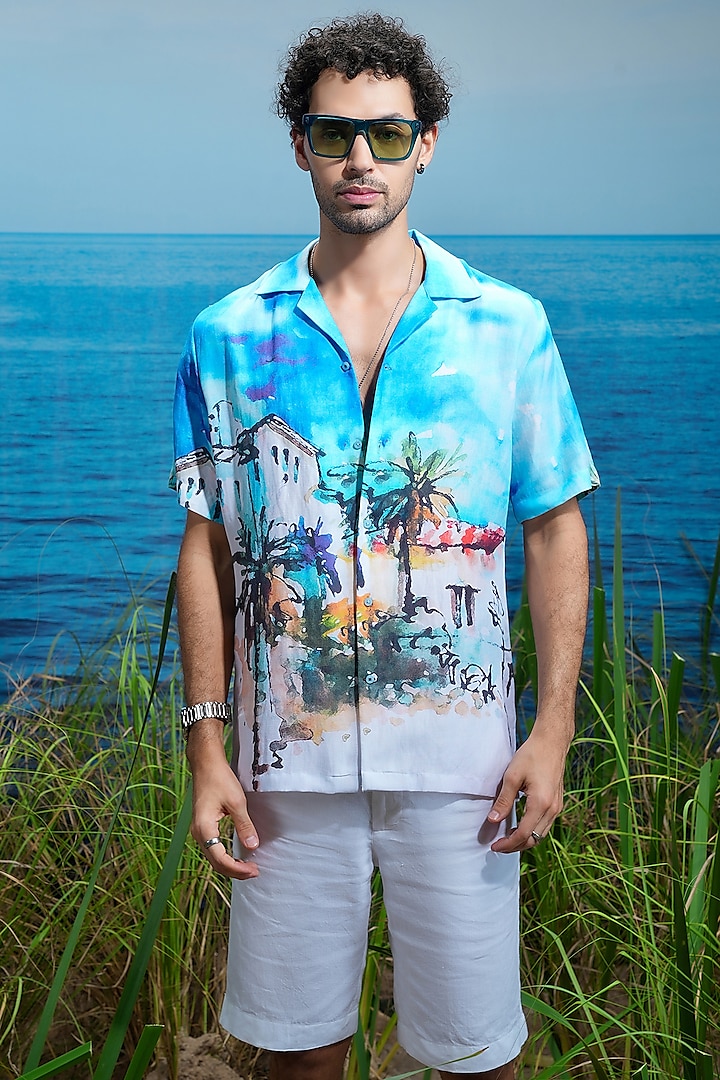 Sky Blue Linen Printed Shirt by ASUKA