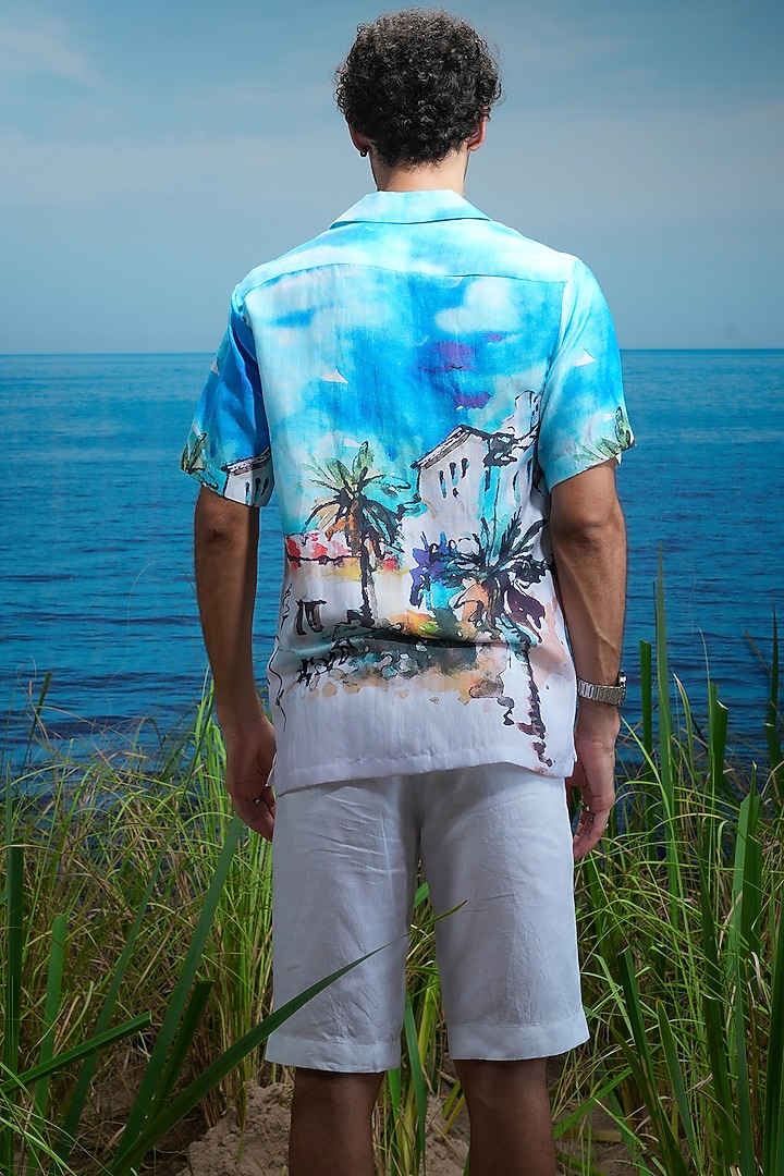Sky Blue Linen Printed Party Wear Shirt by ASUKA at Pernia's Pop Up Shop