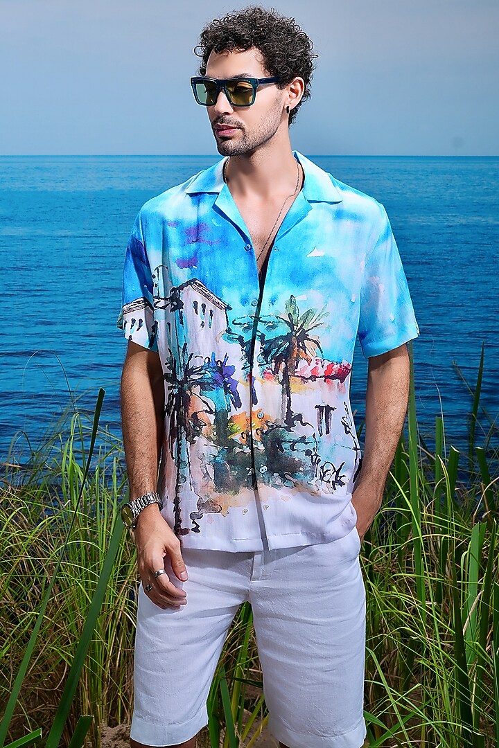 Sky Blue Linen Printed Party Wear Shirt by ASUKA at Pernia's Pop Up Shop