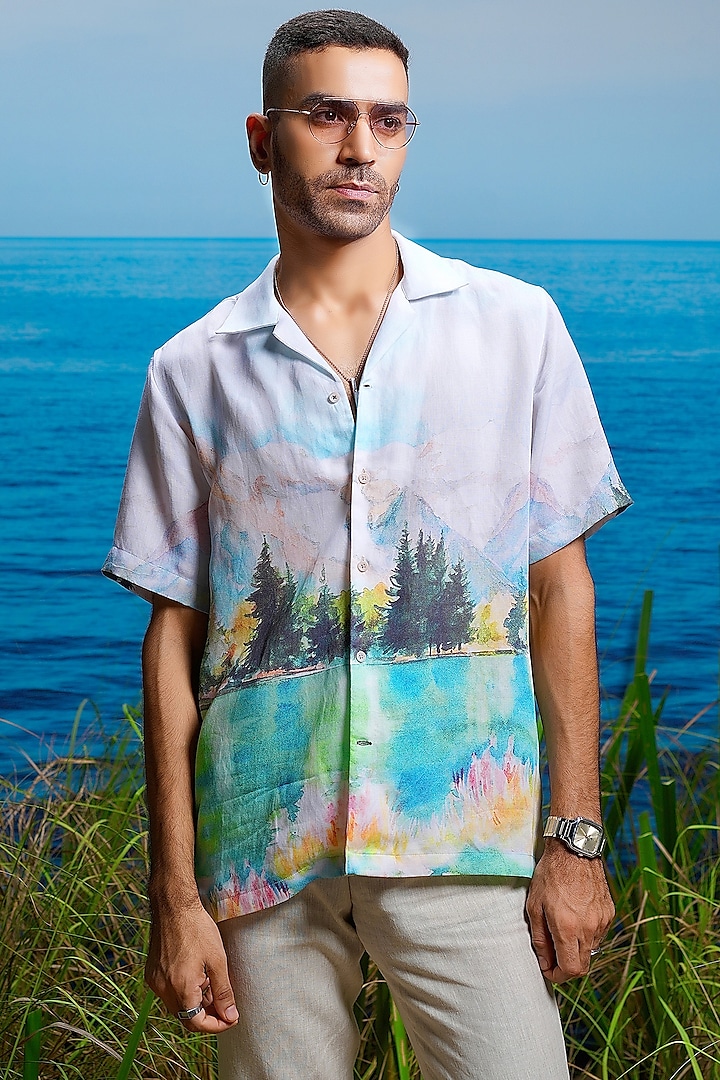 Blue Linen Printed Shirt by ASUKA