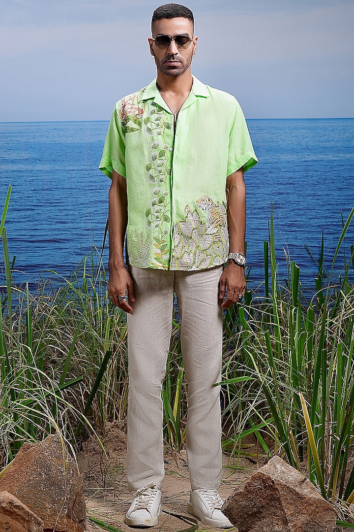 Green Linen Embroidered Shirt by ASUKA