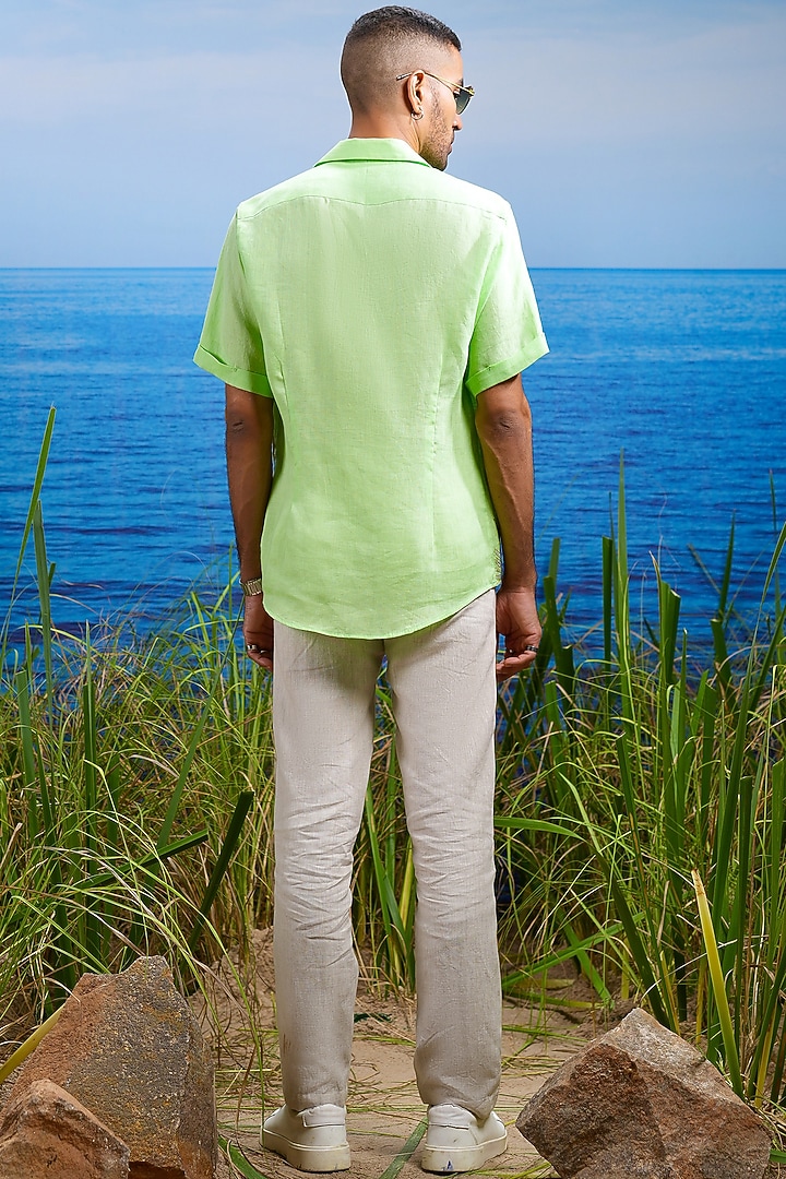 Green Linen Embroidered Party Wear Shirt by ASUKA at Pernia's Pop Up Shop