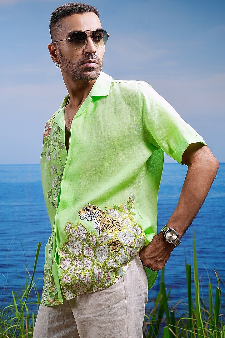 Green Linen Embroidered Party Wear Shirt by ASUKA at Pernia's Pop Up Shop