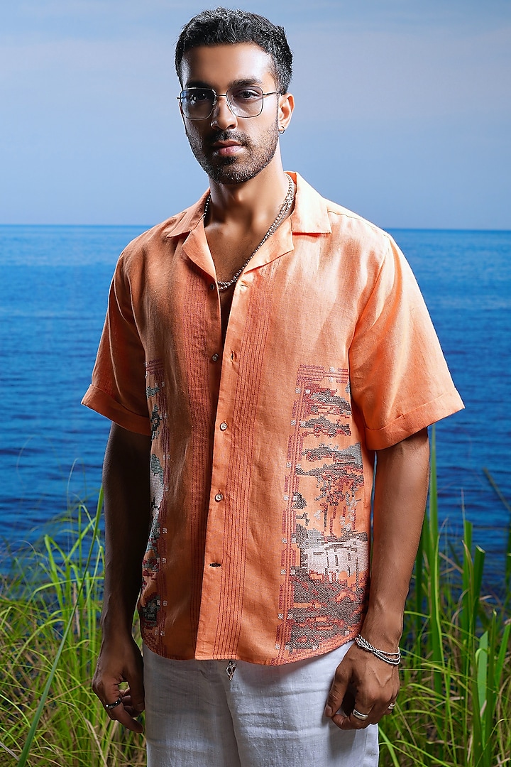 Tangerine & Coral Linen Embroidered Shirt by ASUKA at Pernia's Pop Up Shop