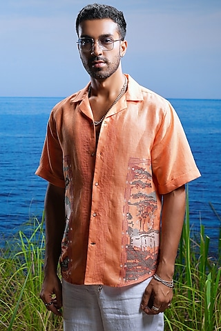 Tangerine & Coral Linen Embroidered Shirt by ASUKA