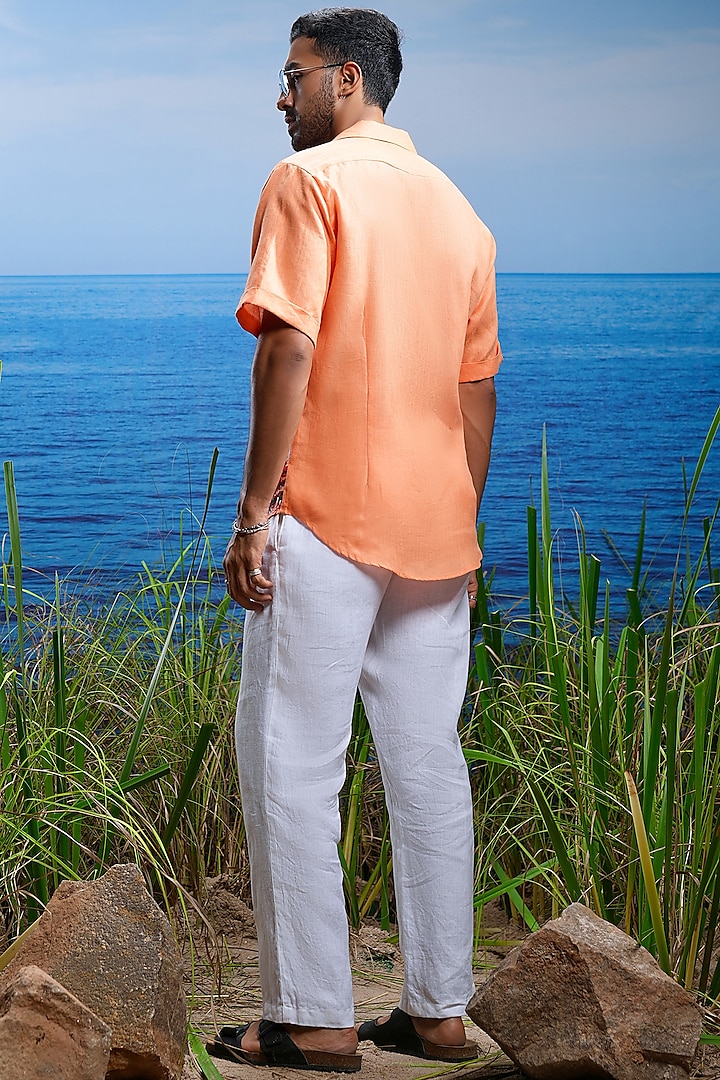Tangerine & Coral Linen Embroidered Party Wear Shirt by ASUKA at Pernia's Pop Up Shop