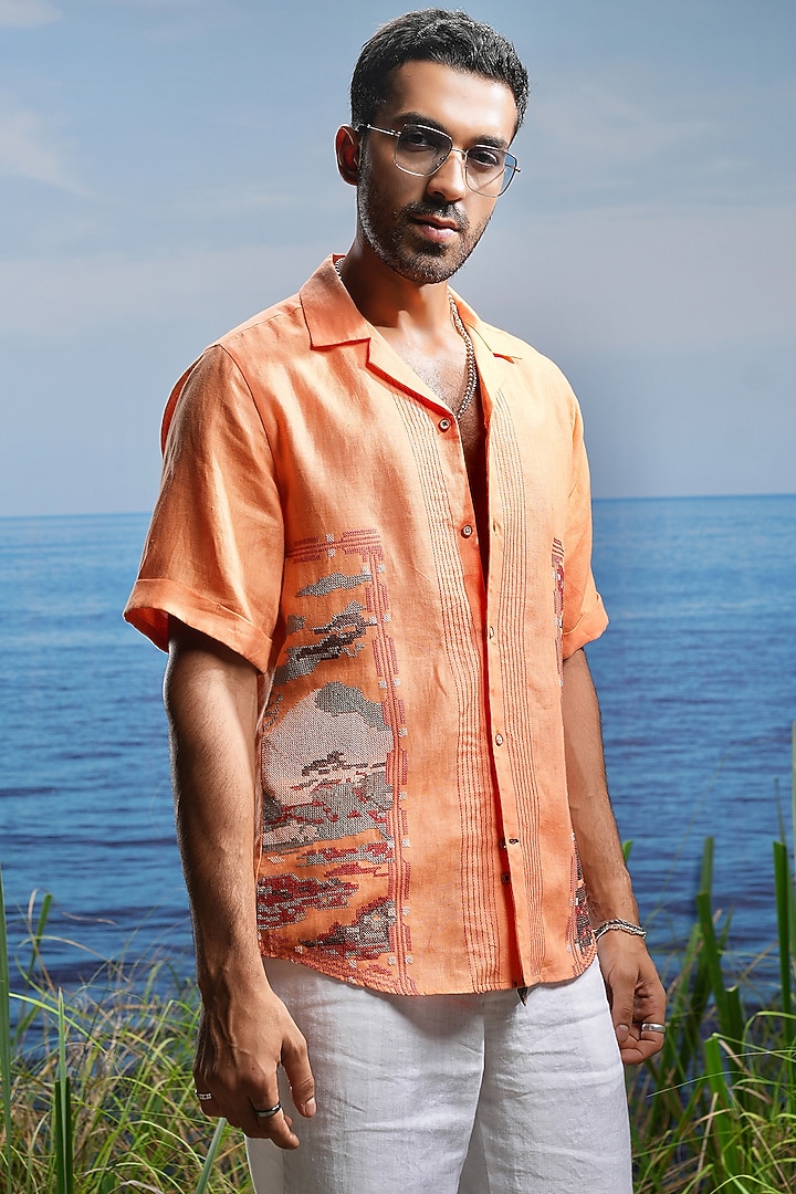 Tangerine & Coral Linen Embroidered Party Wear Shirt by ASUKA at Pernia's Pop Up Shop