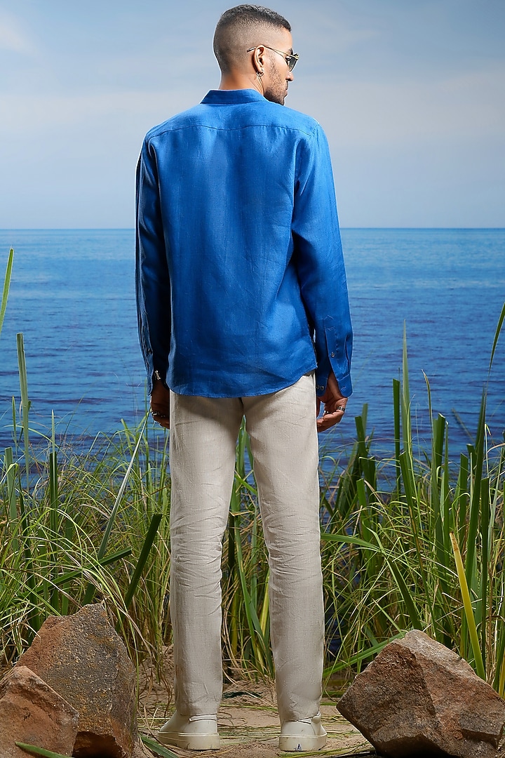 Blue Linen Crane Tapestry Embroidered Party Wear Shirt by ASUKA at Pernia's Pop Up Shop