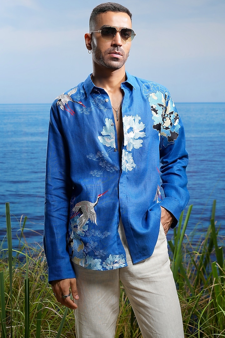Blue Linen Crane Tapestry Embroidered Party Wear Shirt by ASUKA at Pernia's Pop Up Shop