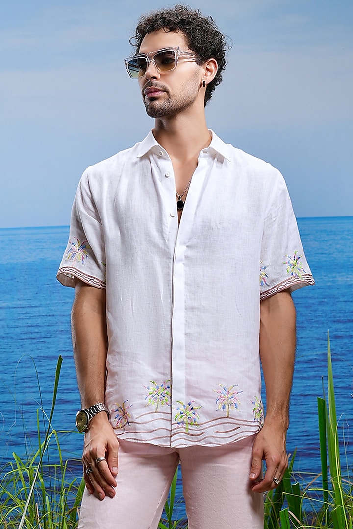 Ivory Linen Palm Oasis Embroidered Shirt by ASUKA