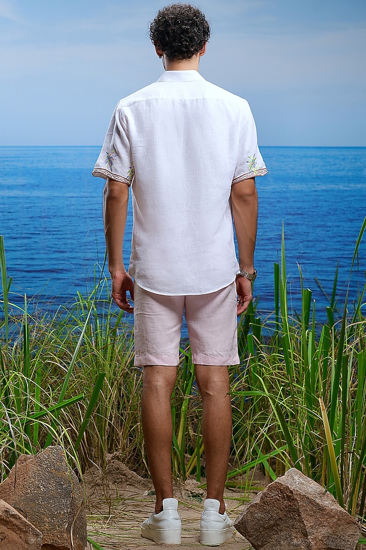 Ivory Linen Palm Oasis Embroidered Summer Shirt by ASUKA at Pernia's Pop Up Shop