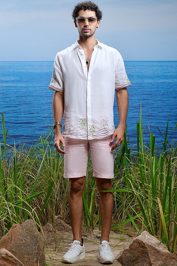 Ivory Linen Palm Oasis Embroidered Summer Shirt by ASUKA at Pernia's Pop Up Shop