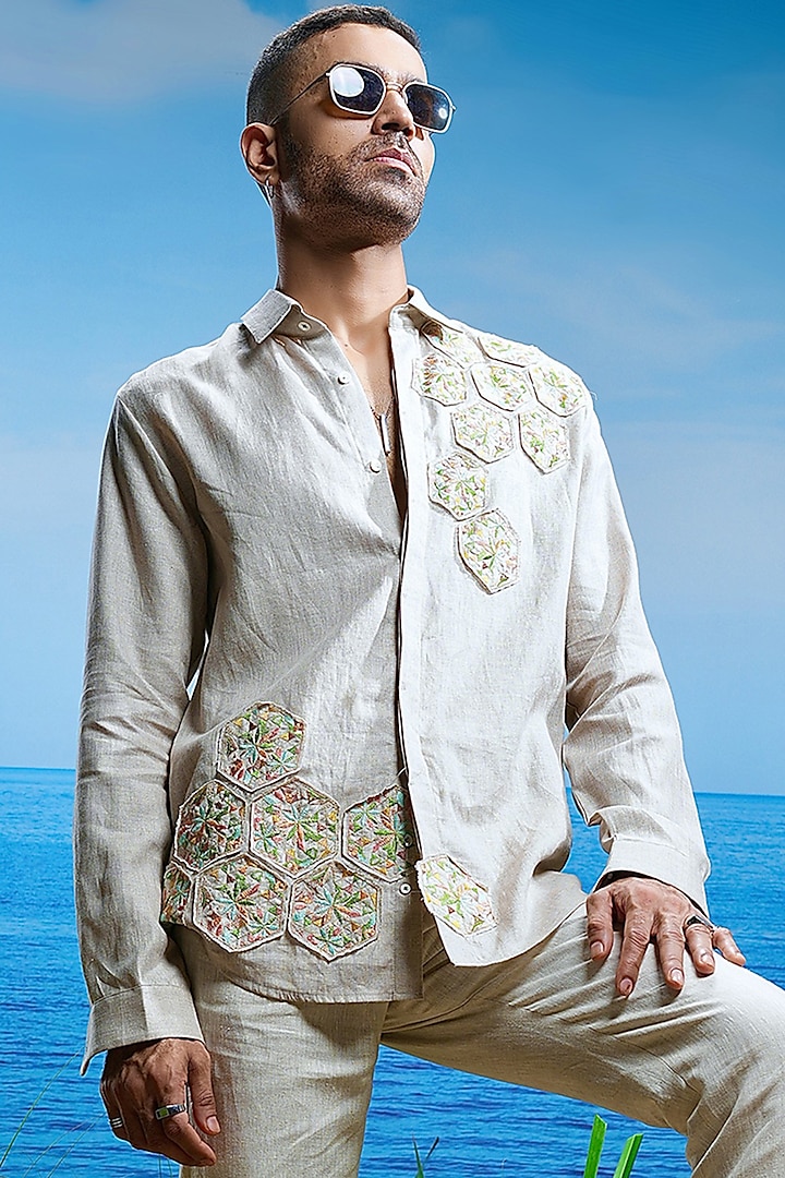 Beige Linen Petal Embroidered Shirt by ASUKA