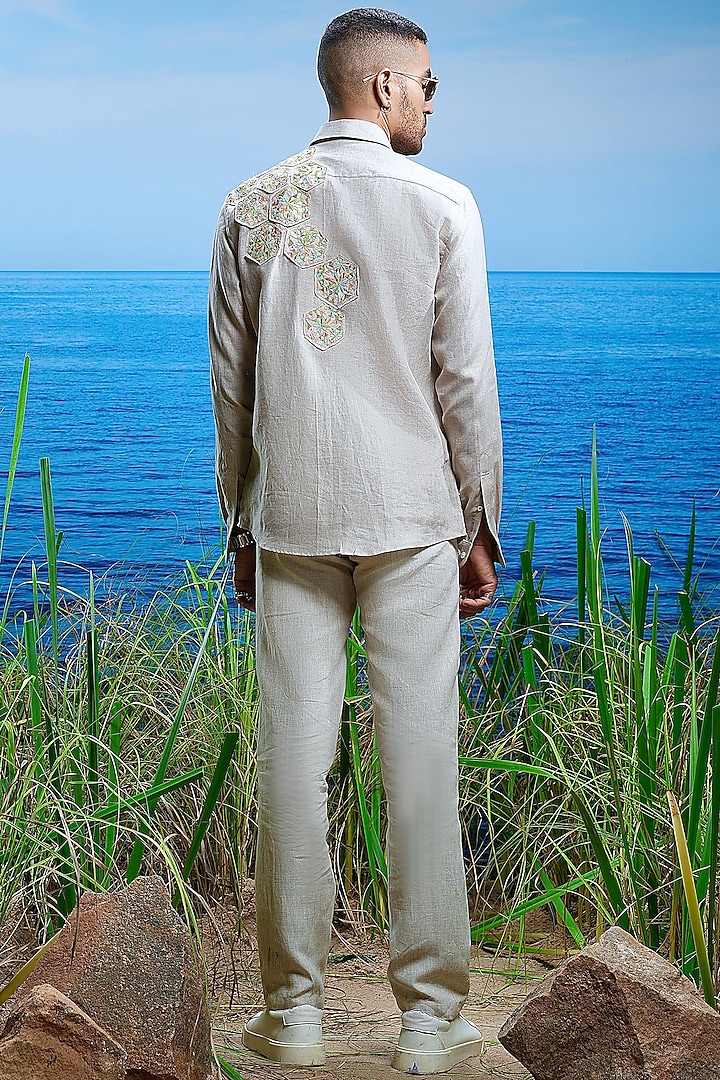 Beige Linen Petal Embroidered Party Wear Shirt by ASUKA at Pernia's Pop Up Shop