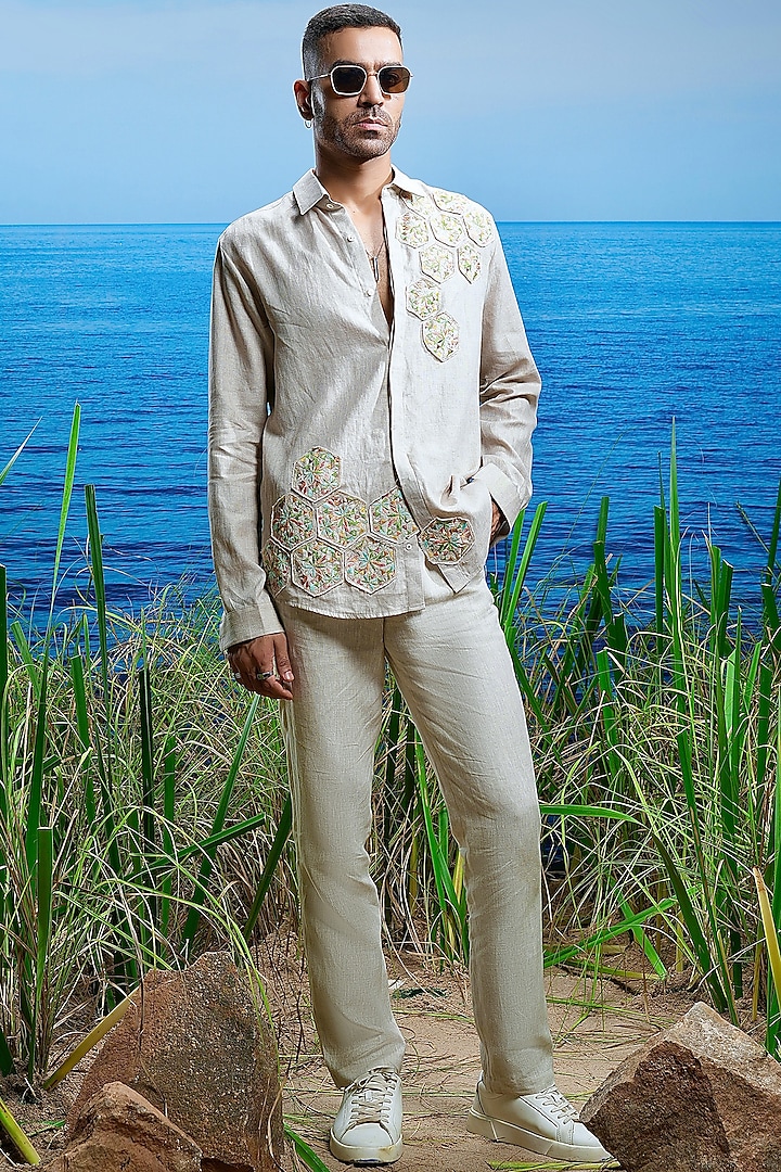 Beige Linen Petal Embroidered Party Wear Shirt by ASUKA at Pernia's Pop Up Shop